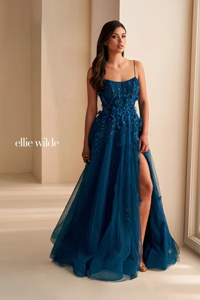 Ellie Wilde Ew36222 Long Glitter Stone Accent Formal A Line Prom Dress In Blue