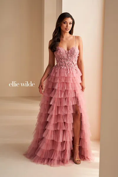 Ellie Wilde Ew36223 Long Sequin Formal Ruffle A Line Prom Dress In Pink