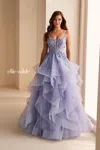 Ellie Wilde Ew36225 Long Lace Ball Gown Formal Ruffled Beaded Prom Dress In Purple