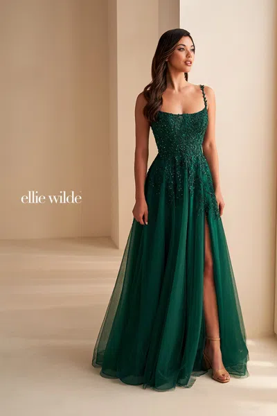 Ellie Wilde Ew36228 Long Sequin Glitter A Line Slit Formal Prom Dress In Green