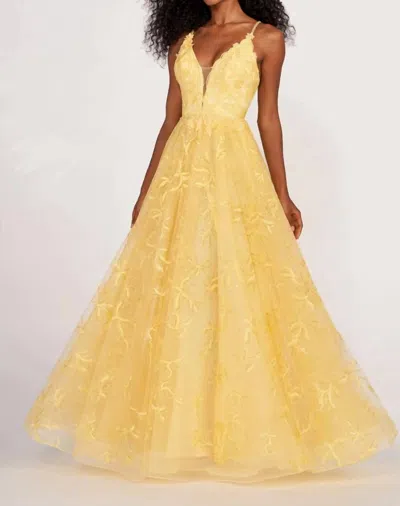 Ellie Wilde Floral Embroided Tulle Maxi Dress In Yellow