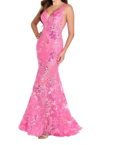 Ellie Wilde Floral Sequin Fit And Flare Prom Dress In Hot Pink
