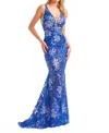 Ellie Wilde Floral Sequin Fit And Flare Prom Dress In Sapphire In Blue