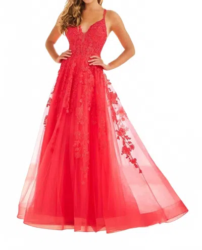Ellie Wilde Formal Long Glitter Prom Dress In Strawberry In Red