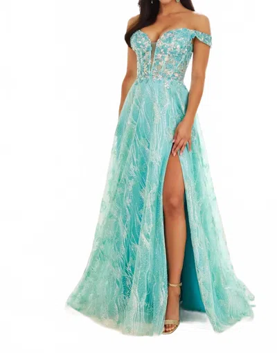 Ellie Wilde High Slit Prom Dress In Caribbean Mist In Multi