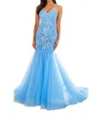 Ellie Wilde Lace Applique Mermaid Prom Dress In Bluebell In Blue