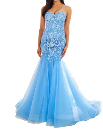 Ellie Wilde Lace Applique Mermaid Prom Dress In Bluebell