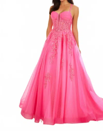 Ellie Wilde Lace Appliques Glitter Tulle Ball Gown In Barbie Pink