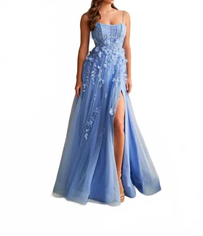 Ellie Wilde Lace Appliques Slit Prom Dress In Bluebell