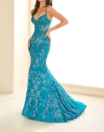 Ellie Wilde Lace Long Mermaid Evening Dress In Cerulean Blue