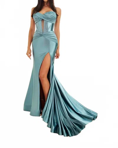 Ellie Wilde Long Corset Slit Formal Prom Dress In Seaglass In Blue