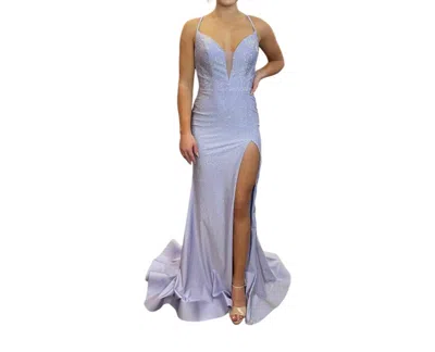 Ellie Wilde Long V-neck Prom Dress In Lavender Frost In Purple