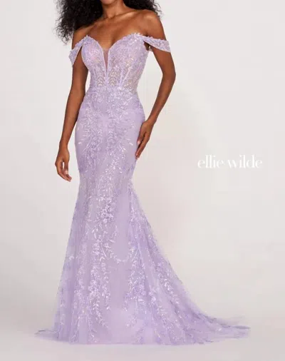 Ellie Wilde Off Shoulder Dress In Lilac In Blue