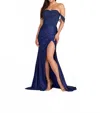 Ellie Wilde Off-shoulder Satin Prom Dress In Navy In Blue