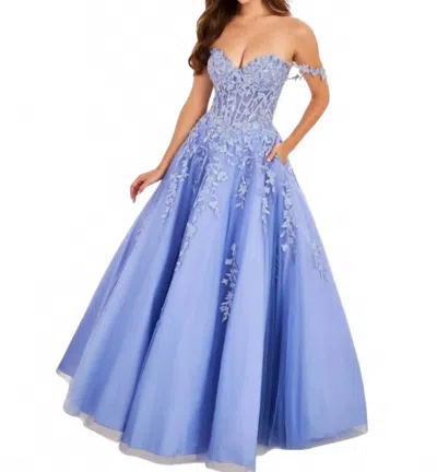 Ellie Wilde Off The Shoulder Floral Prom Dress In Dusk In Blue