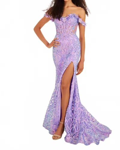 Ellie Wilde Off-the-shoulder 3d Floral Prom Dress In Lavender In Purple