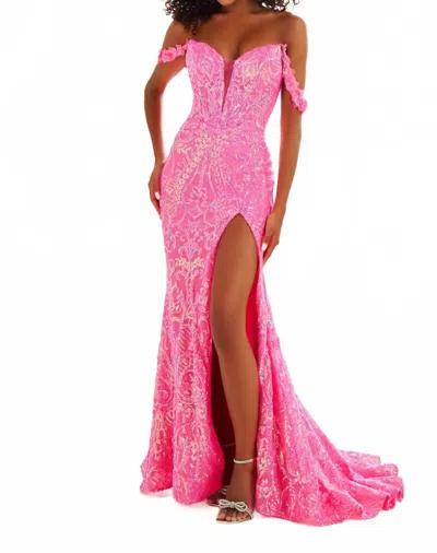 Ellie Wilde Off-the-shoulder Floral Accent Prom Dress In Hot Pink