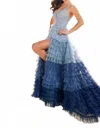 Ellie Wilde Ombre Layered Tulle A-line Gown In Denim Blue In Blue
