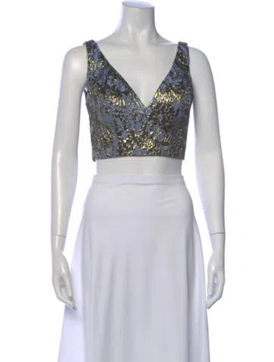 Pre-owned Ellie Wilde Patterned V-neck Crop Top In White