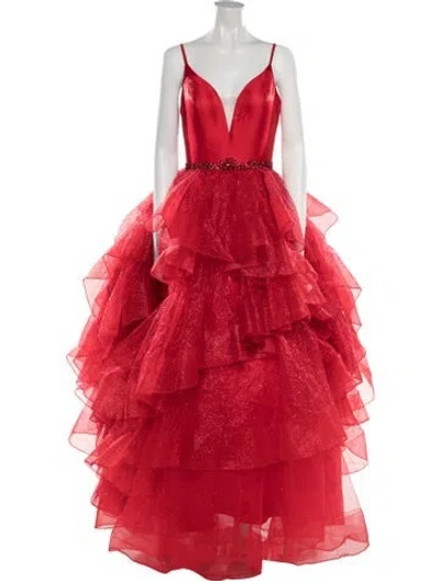Pre-owned Ellie Wilde Plunge Neckline Long Dress In Red