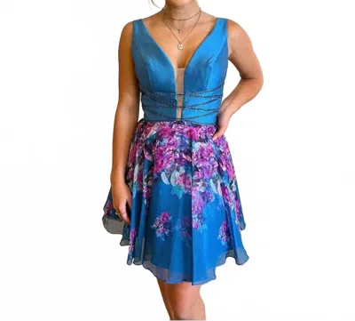 Ellie Wilde Printed Chiffon Mini Dress In Teal / Multi In Blue