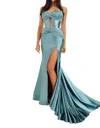 Ellie Wilde Strapless Twist Sweetheart Stone Fit-and-flare Gown In Sea Glass In Blue
