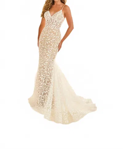 Ellie Wilde Prom Formal Lace Long Mermaid Evening Dress In Ivory/nude In Burgundy