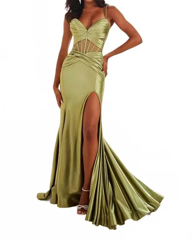 Ellie Wilde Satin Mermaid Gown With Slit In Matcha In Green