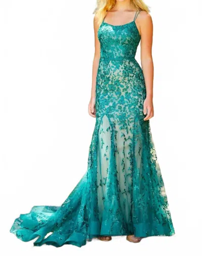 Ellie Wilde Scoop Embroidered Prom Gown In Emerald In Green