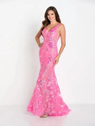 Ellie Wilde Sequin Fitted Mermaid Gown In Hot Pink