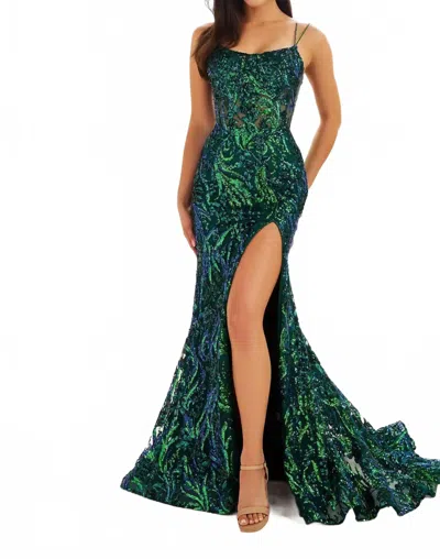 Ellie Wilde Sequin Gown With High Slit In Emerald In Green