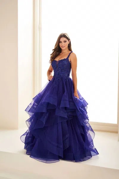 Ellie Wilde Sheer Lace Shimmer Ruffle Prom Dress In Indigo In Blue