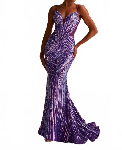 Ellie Wilde Sleek Sequined Strappy Gown In Purple