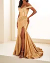 Shop Ellie Wilde Stone & Bead Corset Fitted Slit Gown In Gold