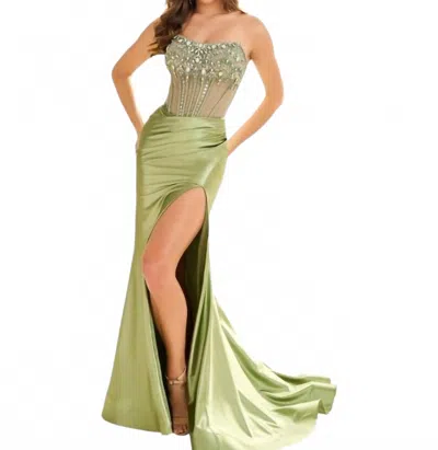 Ellie Wilde Stone-encrusted Corset Bodice Mermaid Gown In Sage In Green