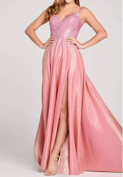 Ellie Wilde Strappy Open Back Crystal Studded Satin Prom Gown In Pink Lemonade