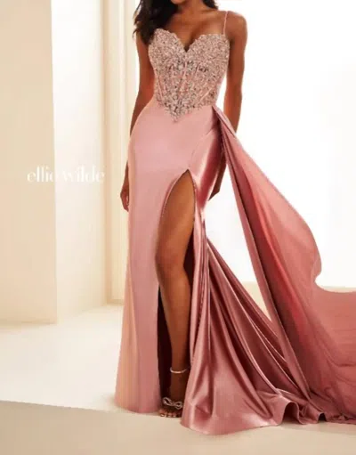 Ellie Wilde Stretch Knit With Lace Embellishments Gown In Rose Gold In Multi