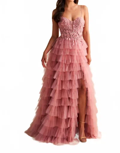 Ellie Wilde Tiered Tulle Corset A-line Gown In Dusty Rose In Multi