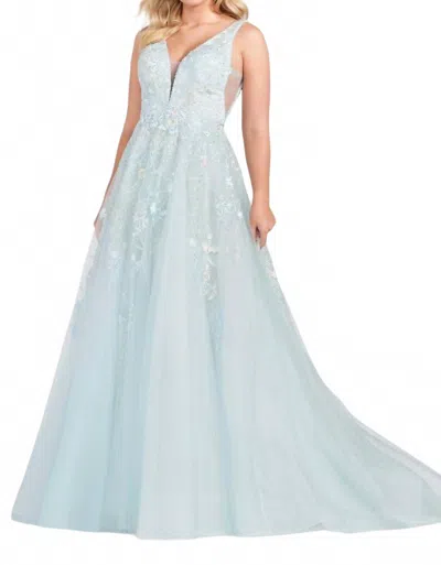 Ellie Wilde V-neck Long Prom Dress In Seamist In Blue