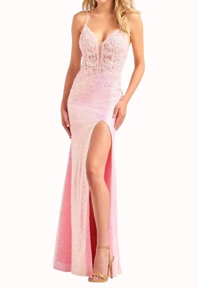 Ellie Wilde V-neck Lace Applique Prom Gown In Light Pink In White