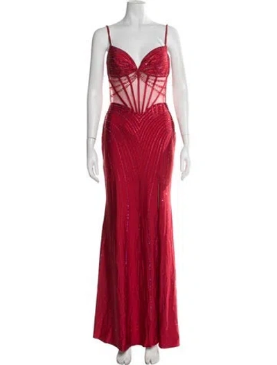 Pre-owned Ellie Wilde V-neck Long Dress In Red