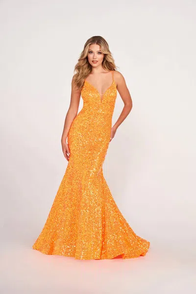 Ellie Wilde V-neck Sequin Mermaid Prom Gown In Orange