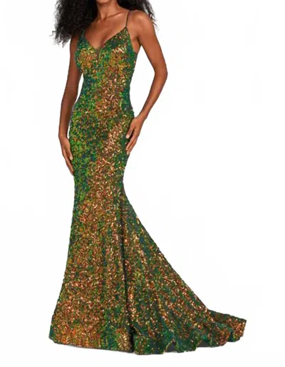 Ellie Wilde V-neck Sleeveless Sequin Fit And Flare Gown In Forest Light In Green