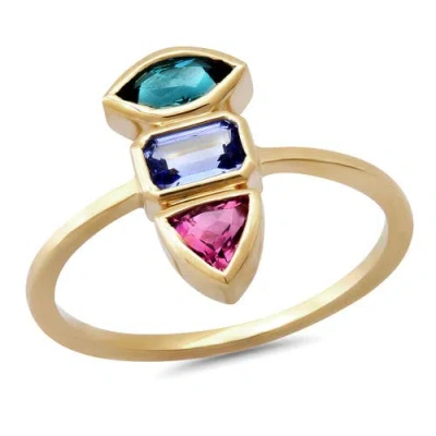 Elliot Young 14k Gold Knife Edge Triple Gemstone Ring Teal Tourmaline, Pink Tourmaline , Tanzanite