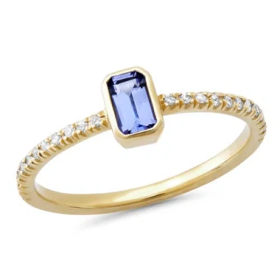 Elliot Young 14k Yellow Gold Skinny Diamond Eternity Band With Knife Edge Gemstone Tanzanite Size 6