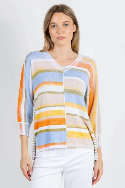 Elliott Lauren Blocked Off Painted Stripe V Neck Sweater In Sage In Multi