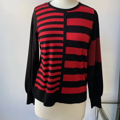 Elliott Lauren Crew Neck Pullover Top In Black W/red Stripes