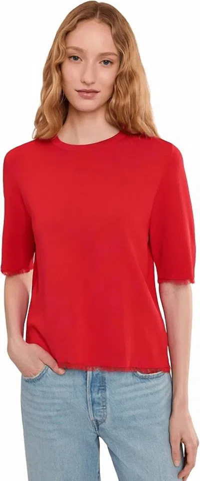 Elliott Lauren Fray Short Sleeve Crew Neck Sweater With Fringe Detail In Tomato In Red
