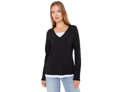 Elliott Lauren Garment Dye Tee, V-neck, Long Sleeve With Double Layer Detail Women's T Shirt Black: Xs, Cotton