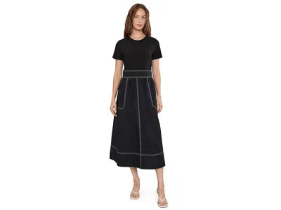 Elliott Lauren In Stitches, Short Sleeve Knit And Woven Combo Dress With Contrast Stitching Women's Dress Black: Xs